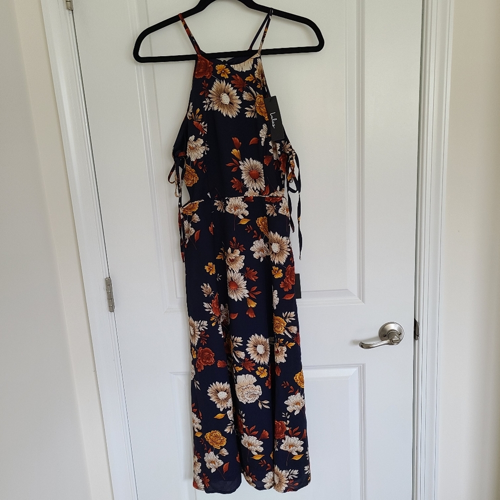 NWT Lulus Flourishing Flirt Navy Blue Floral Cutout Halter Midi Dress - Picture 5 of 8